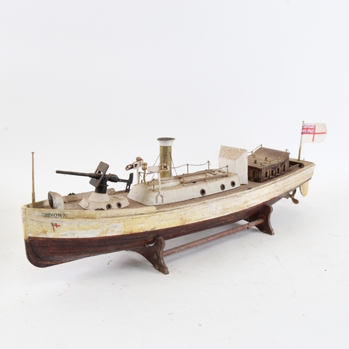 116 - A handmade painted wooden-hulled steam gunship, hull length 44cm, on wood stand