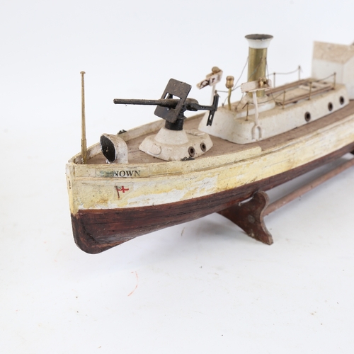 116 - A handmade painted wooden-hulled steam gunship, hull length 44cm, on wood stand