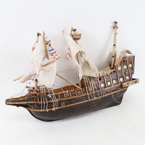 118 - A handmade stained wooden-hulled 3-mast galleon ship, hull length 48cm