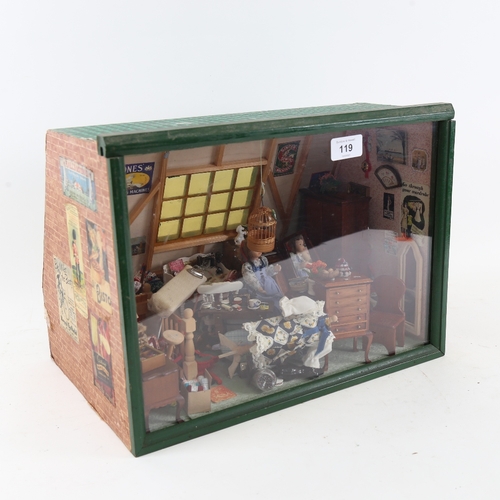 119 - A handmade model doll's house diorama interior scene, with many fixtures and fittings, W38cm, H29cm,... 