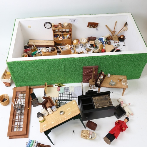 125 - A handmade doll's house kitchen diorama interior scene, with many fixtures and fittings, W46cm, H14c... 