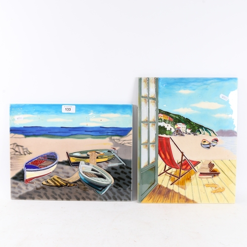 133 - 2 Italian tube-lined ceramic pictorial plaques, sun lounger scene, 36cm x 28cm (2)