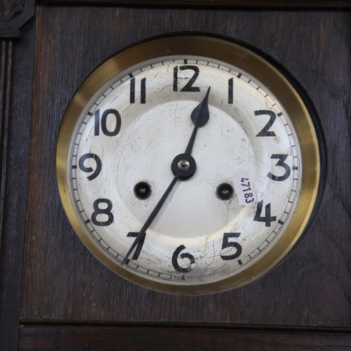 137 - A Vintage oak-cased 8-day drop dial wall clock, silvered dial with Arabic numerals, case height 70cm... 