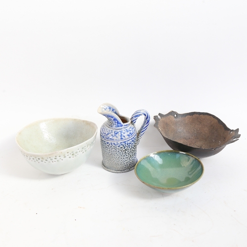 72 - 4 pieces of Studio pottery, including blue salt glaze cream jug, height 9cm, all marked (4)