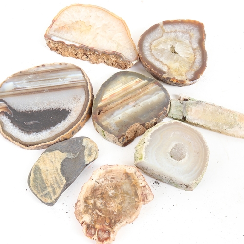 80 - Various natural crystal geode slices, including banded agate and fossilised wood, largest diameter 1... 