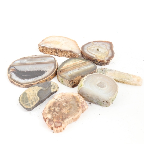 80 - Various natural crystal geode slices, including banded agate and fossilised wood, largest diameter 1... 