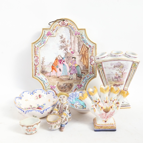 81 - Various faience porcelain and pottery, including 19th century French hand painted wall sconce plaque... 