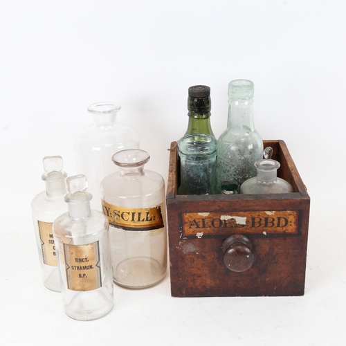 84 - An Antique apothecary drawer, containing various jars and bottles, some with original painted and gi... 