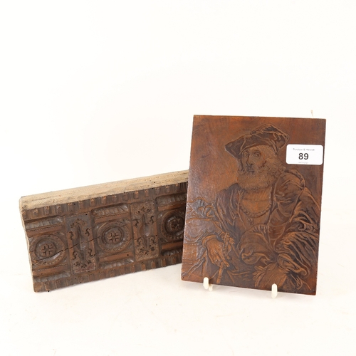 89 - 2 19th century carved wood ink printing blocks, including figural example with inscription verso, 18... 