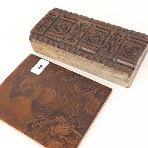 89 - 2 19th century carved wood ink printing blocks, including figural example with inscription verso, 18... 