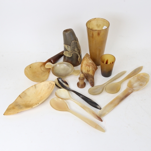 96 - A group of horn spoons, beaker, flask etc