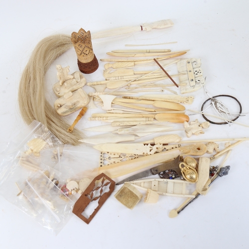 97 - Various ivory items, including fly whisk, toothpicks, bobbins etc (boxful)