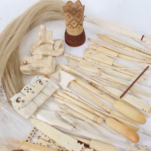 97 - Various ivory items, including fly whisk, toothpicks, bobbins etc (boxful)