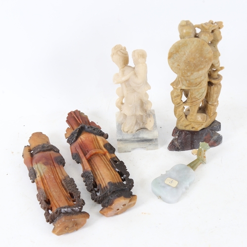 193 - 4 Chinese carved hardstone figures, and a polished jade instrument, largest height 16cm (5)