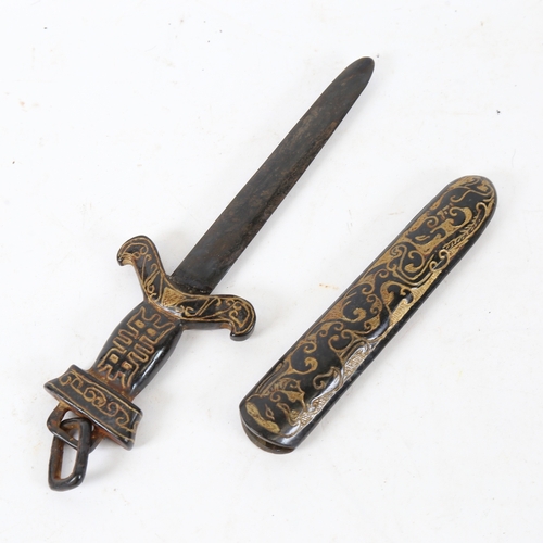 194 - A small Chinese carved and gilded black stone dagger and sheath, blade length 15.5cm (blade broken a... 