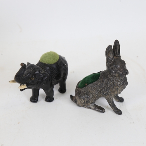 206 - 2 novelty figural animal pin cushions, including hare and elephant, largest height 8.5cm (2)