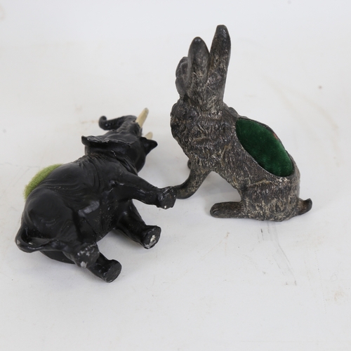 206 - 2 novelty figural animal pin cushions, including hare and elephant, largest height 8.5cm (2)