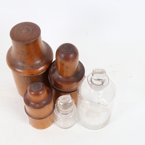 207 - A graduated set of 3 treen boxwood medicine bottle holders, 2 with original fitted glass bottles, ma... 