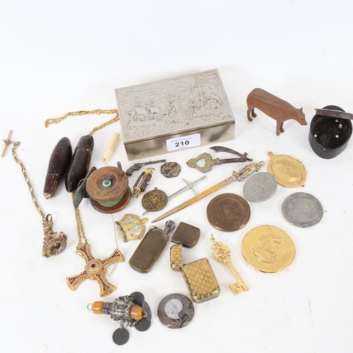 210 - Various interesting collectables, including Georgian snuffbox, carved nut boxes, Noah's Ark animal, ... 