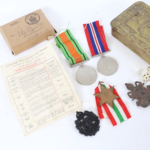 213 - A First World War Princess Mary 1914 Christmas tin, a set of 3 Second World War Service medals, incl... 