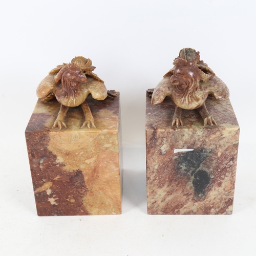 216 - A large pair of Chinese carved soapstone phoenix seals/paperweights, height 16.5cm