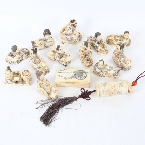 219 - Various modern carved and painted bone netsuke figures, a Napoleonic style box etc (14)