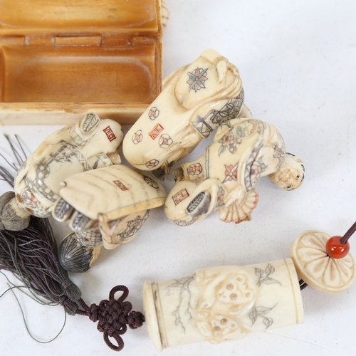 219 - Various modern carved and painted bone netsuke figures, a Napoleonic style box etc (14)