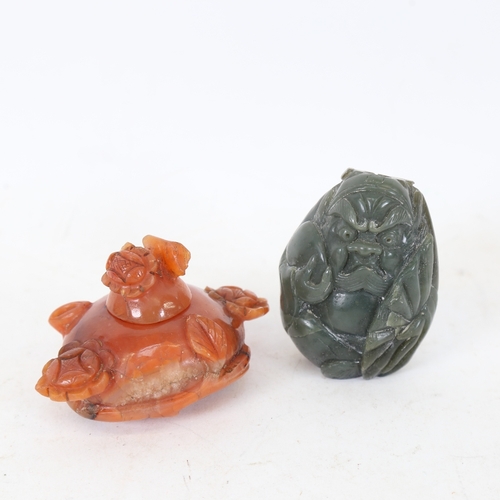 224 - A Chinese carved and polished jadeite figural snuff bottle, and a Chinese carnelian pot and cover, b... 