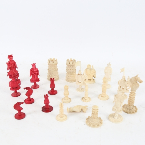 237 - Various red and white stained ivory and bone chessmen, including Oriental figural pieces, finely car... 