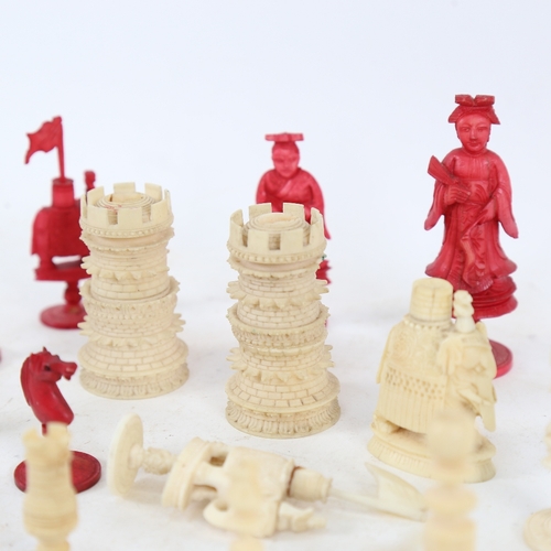 237 - Various red and white stained ivory and bone chessmen, including Oriental figural pieces, finely car... 