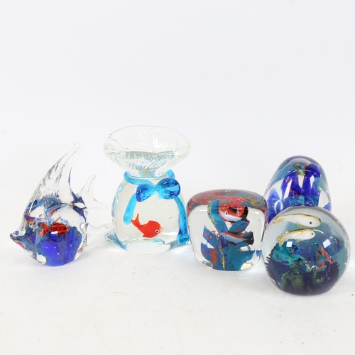 241 - 5 Murano Glass aquarium paperweight ornaments, including goldfish in a bag, height 10cm (5)