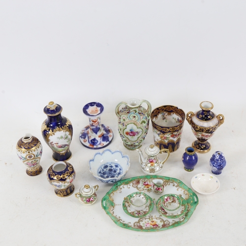 252 - Various miniature porcelain items, including Crown Staffordshire vases, miniature tea set, cloisonne... 