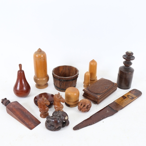 256 - A group of miniature treen items, including acorn boxes, Japanese rat and mushroom netsuke, snuffbox... 