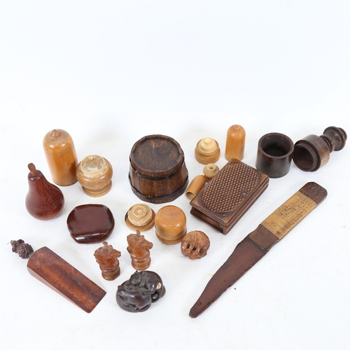 256 - A group of miniature treen items, including acorn boxes, Japanese rat and mushroom netsuke, snuffbox... 