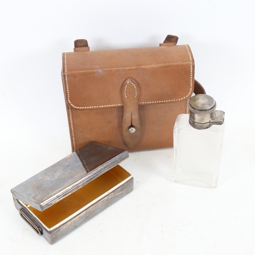 264 - An early 20th century leather-cased silver plated hunting sandwich box and glass flask set, box with... 