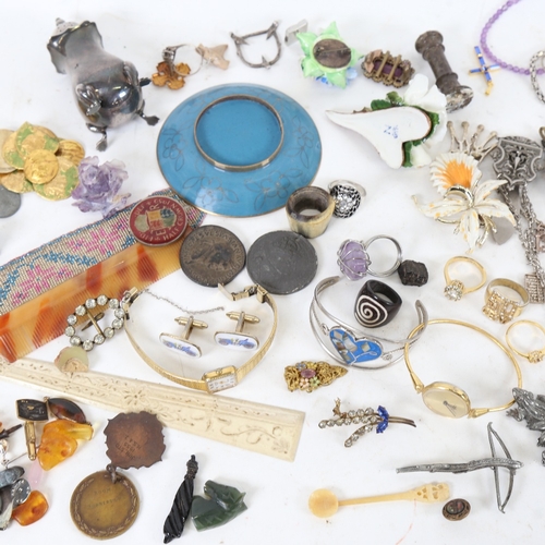 268 - Various collectables, including cloisonne enamel dish, silver plated pepperette, Mexican silver brac... 