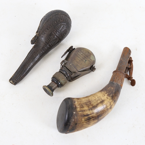 275 - 2 powder flasks, including horn and embossed leather, and a modern Beck Limited telescope (3)