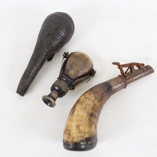 275 - 2 powder flasks, including horn and embossed leather, and a modern Beck Limited telescope (3)