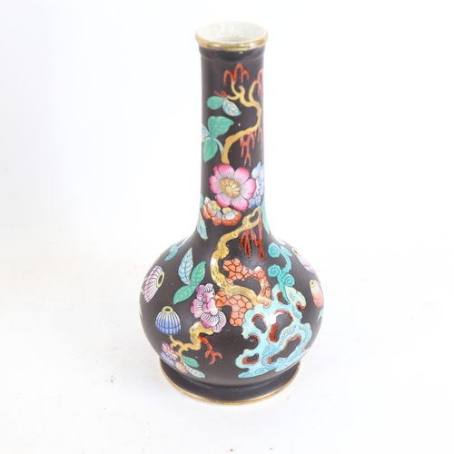 278 - A Chinese glazed hand painted black ground narrow-neck vase, decorated with various flowers, height ... 