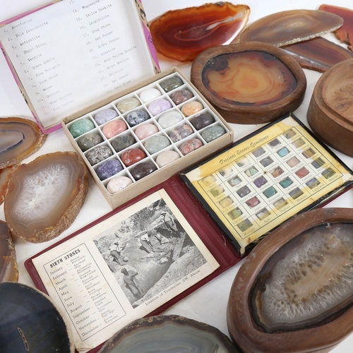 292 - A quantity of agate geode slices, boxes, precious gemstone samples, and hardstone eggs (boxful)