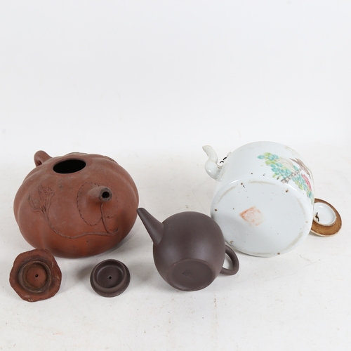 300 - A Chinese redware teapot, height 11cm, and 2 others with character marks (3)