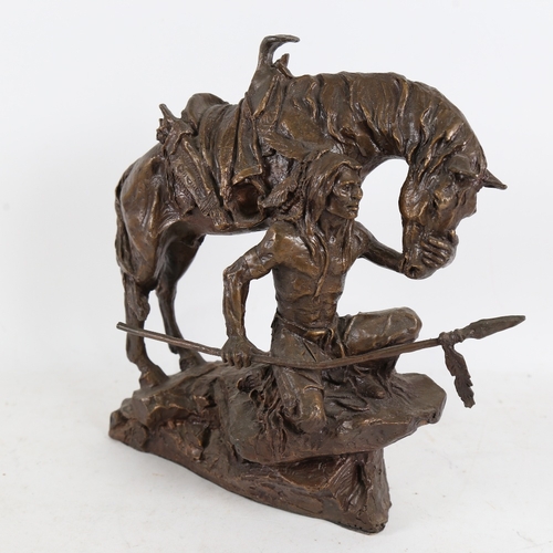 302 - A Cast resin bronze sculpture of a Native American with horse, after McCain, height 30cm