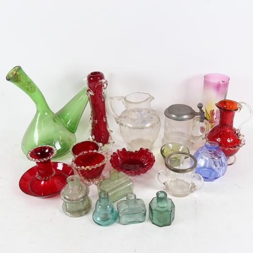 305 - A group of various glassware, including hand blown ruby glass and Vintage bottles etc