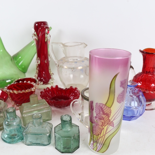 305 - A group of various glassware, including hand blown ruby glass and Vintage bottles etc