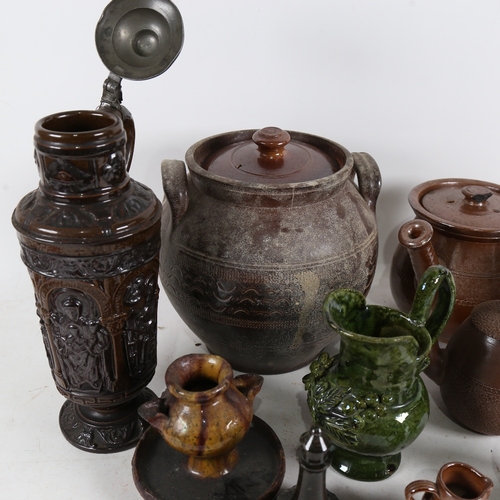 307 - A group of Studio pottery, including pewter-lidded ewer (10)