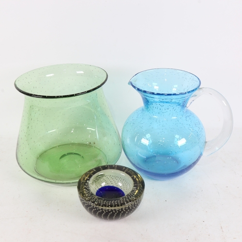 314 - A green Whitefriars bubble glass vase, another vase and a Murano bubble glass dish (3)