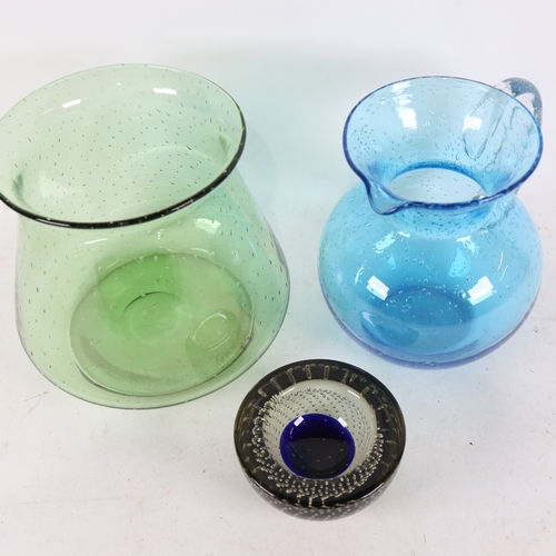 314 - A green Whitefriars bubble glass vase, another vase and a Murano bubble glass dish (3)