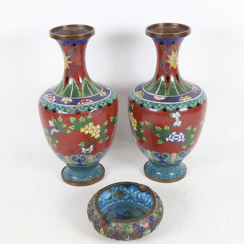 325 - A pair of red ground cloisonne vases, and japanese cloisonne ashtray, height 23cm