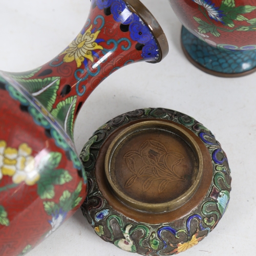 325 - A pair of red ground cloisonne vases, and japanese cloisonne ashtray, height 23cm