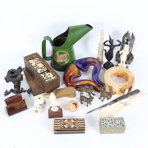 335 - A box of miscellaneous items, to include a silver-mounted pipe in case, a Castrol Oil tin, miniature... 